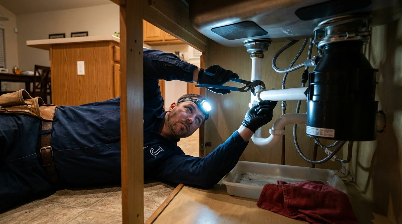 P-trap and supply line connections under a kitchen sink showing a common leak point in Garland, UT